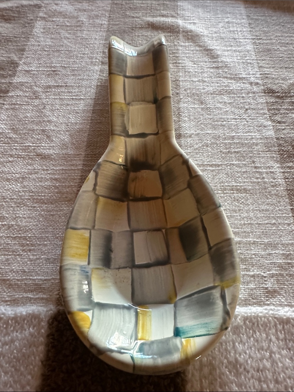 Mackenzie-Childs Hand-Painted Enamel Spoon Rest in Gray, Yellow and cream NWOT